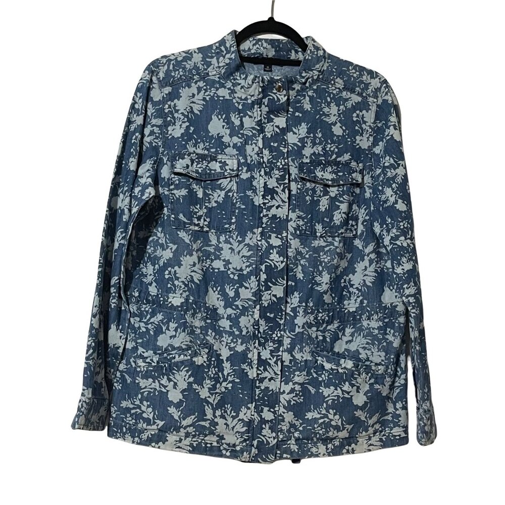 Chadwicks of Boston Size M Floral Denim Utility Jacket Zip Closure Front Pockets